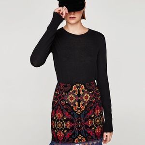 NWT. Zara Black Jacquard Skirt with Pom Poms.